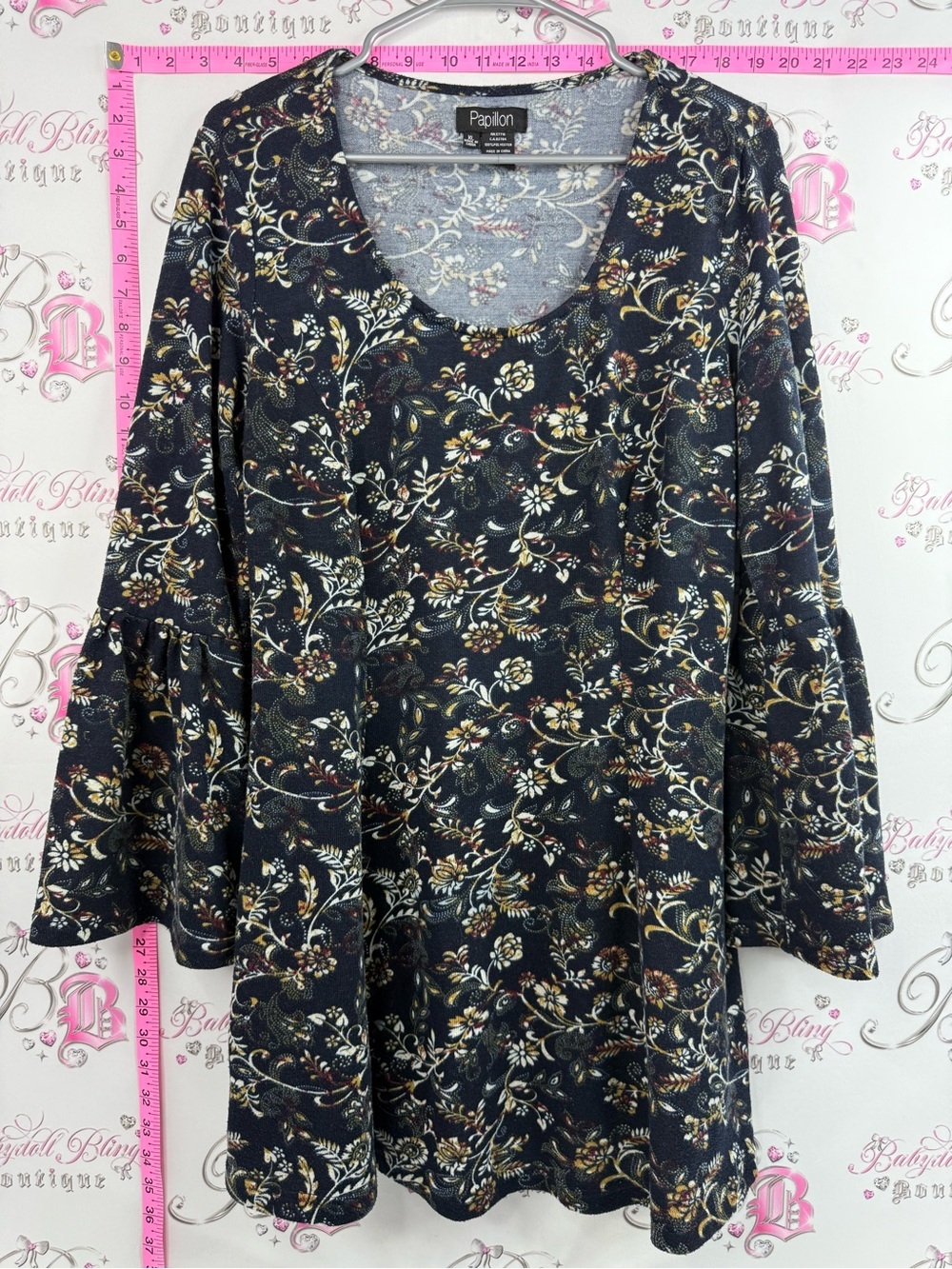 Papillon Blanc shirt or mini dress navy blue Black Floral Bell Sleeve Blouse